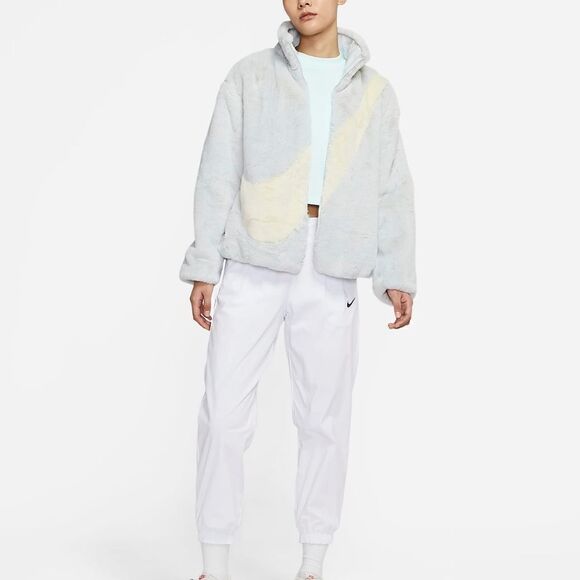 Nike Sportswear Faux Fur Swoosh Jacket Photon Dust Grey Giant Logo Dunk Low L - Picture 16 of 16